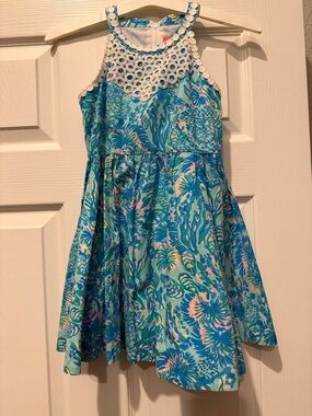 Lilly Pulitzer Blue & Pink Tropical Halter Dress with White Crochet Yoke